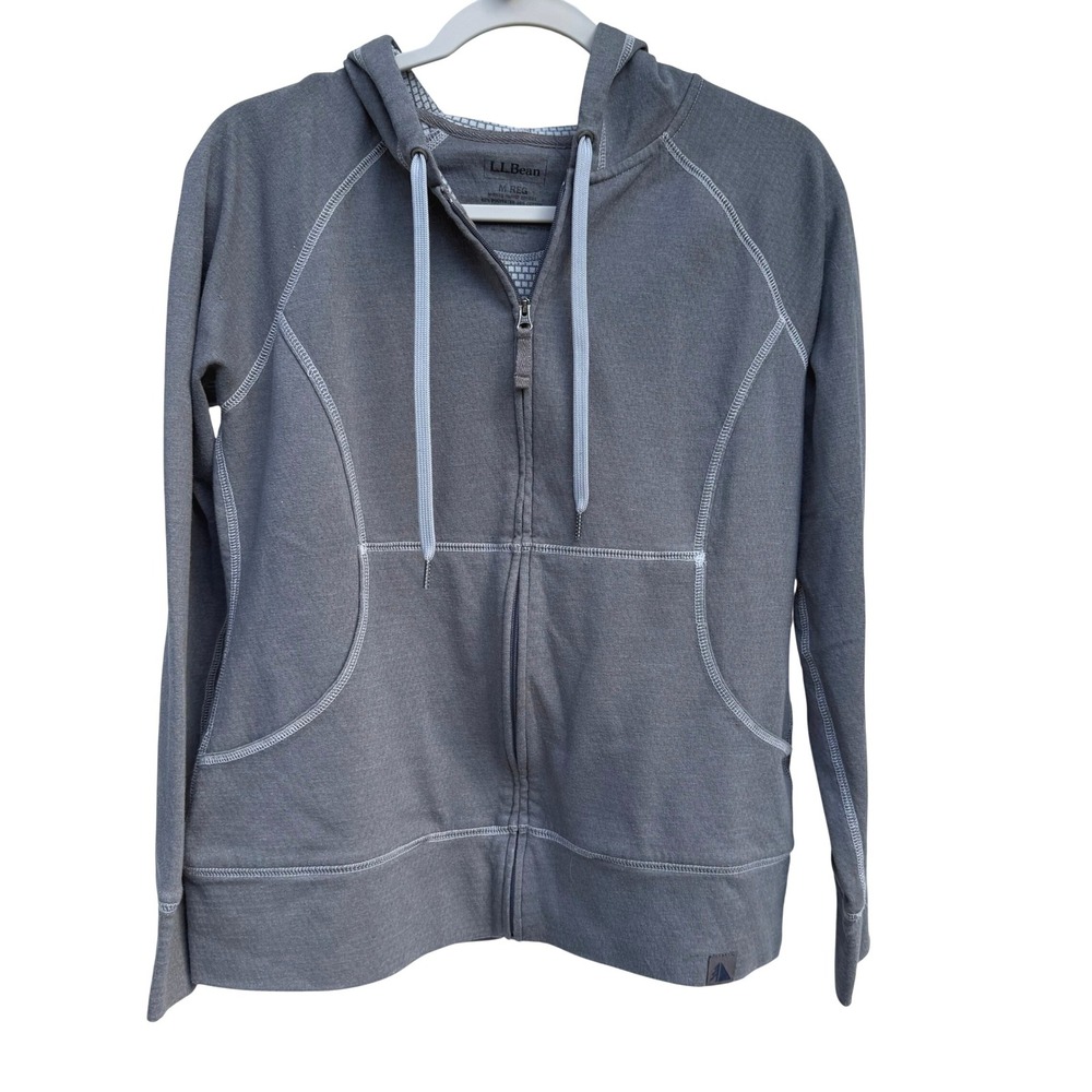 LL Bean Womens Gray Full Zip Waffle Lined Hoodie Thumbholes M 286681
